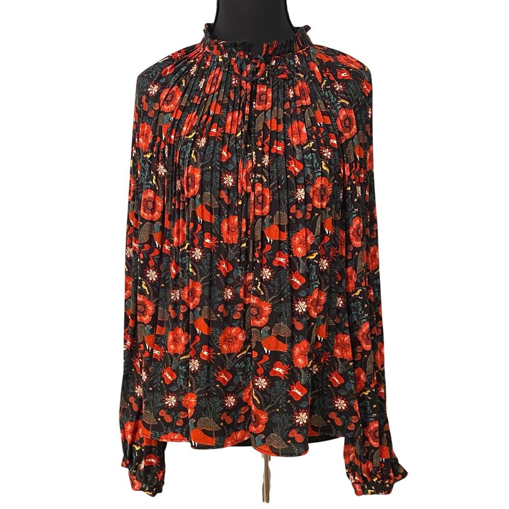 Philosophy Floral Pleated Peasant Blouse Bird Print Boho Top Med Ruffle Collar